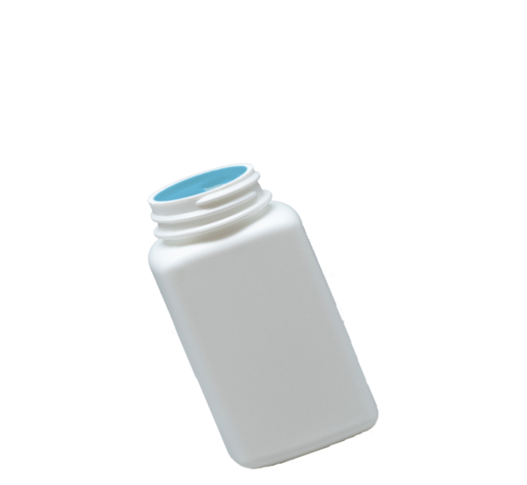 A tilted, white plastic pill bottle with a rectangular shape and an open top, showcasing the blue inner lining of the lid. The bottle is set against a plain white background.