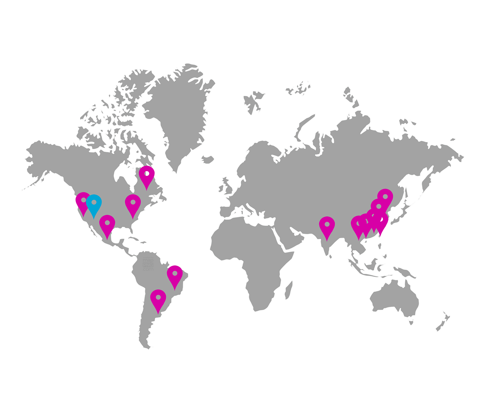 A grayscale world map with colored location markers indicating specific points. There are several pink markers scattered in North America, Central America, South America, West Africa, South Asia, East Asia, and one blue marker in Central America.