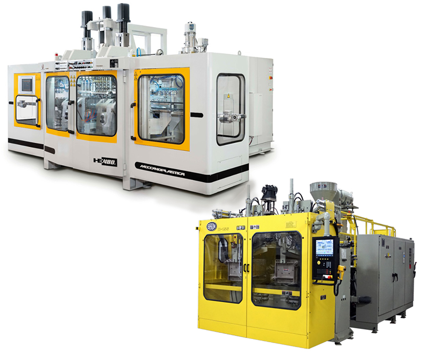 Two industrial molding machines are shown. The upper machine is large, white with yellow accents, and labeled "Micropower E" on the front. The lower machine is smaller, yellow, and labeled "BFS-04" on the front panel. Both machines have transparent sections showcasing their internal components.