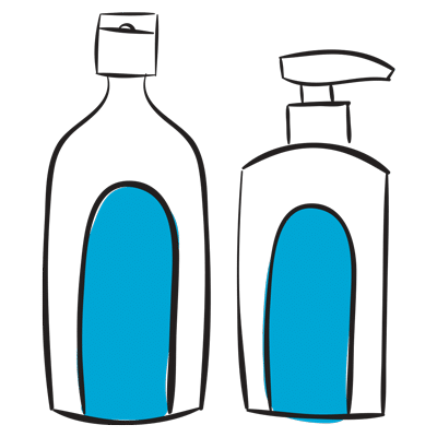 An illustration of two bottles filled with blue liquid. The bottle on the left has a flip-top cap, while the bottle on the right has a pump dispenser. Both bottles have oval labels in the center.