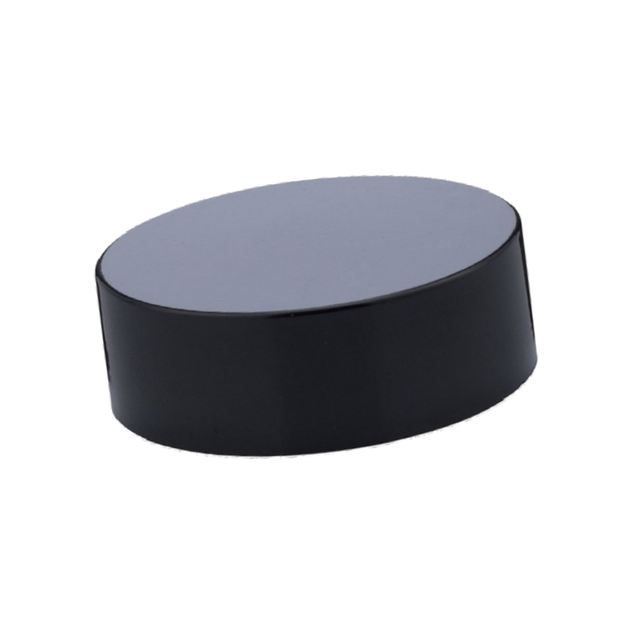 A black, cylindrical hockey puck shown against a white background. The puck appears smooth and has a flat top and bottom with parallel sides.