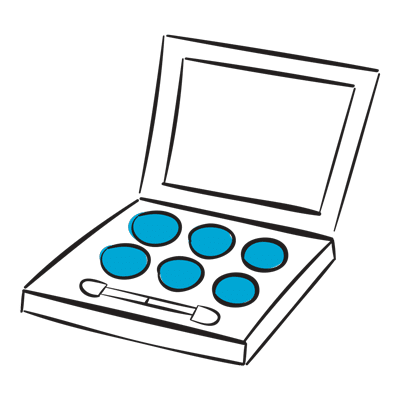 A simple illustration of a makeup palette with six circular blue shades and a brush, housed in a rectangular case with an open lid. The design is outlined in black, with the eyeshadows and brush shown in solid blue.