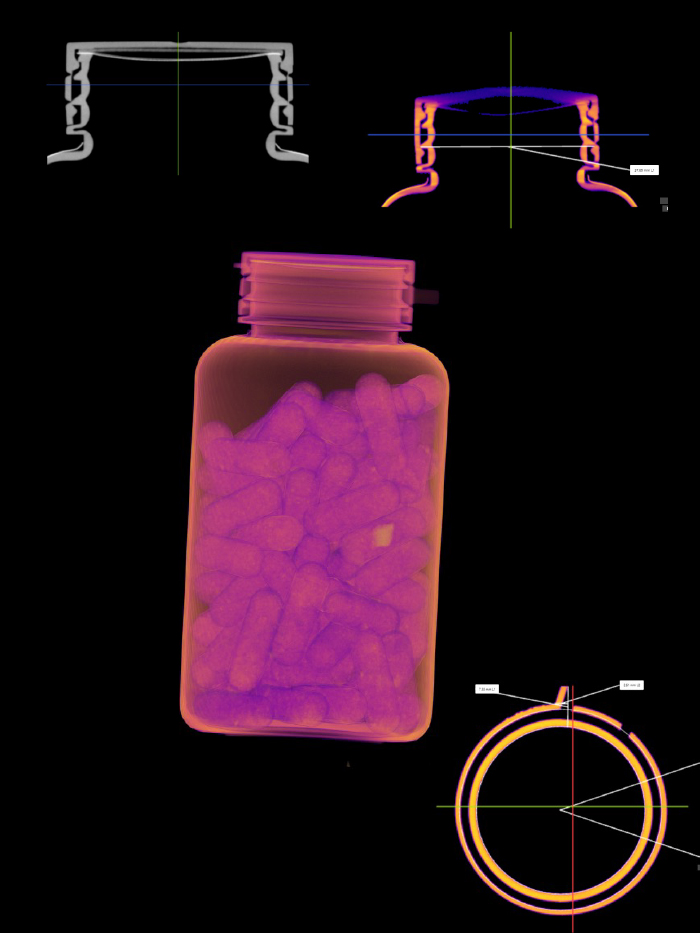 An X-ray image of a rectangular bottle filled with capsules. Around the bottle are detailed X-ray schematic views of the bottle's lid and neck showing the threading and sealing mechanisms. The image predominantly features shades of purple and orange.