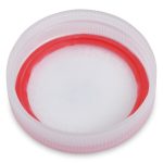 A close-up image of a plastic bottle cap. The cap is white with a red inner ring. It has a ridged outer edge and appears to be from a standard plastic bottle.