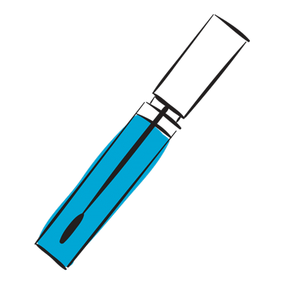 Illustration of a blue lip gloss container with a doe-foot applicator extended. The wand is black and the base of the tube contains blue lip gloss. The design is simple and contrasts with a white background.