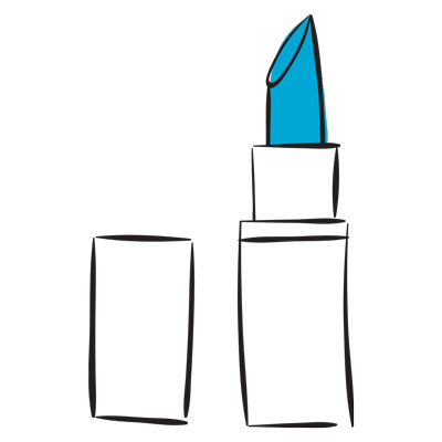 A simple, hand-drawn illustration of a lipstick with its cap removed. The lipstick is uniquely colored blue. The drawing style is minimalistic, with only basic lines and no detailed textures or shading.