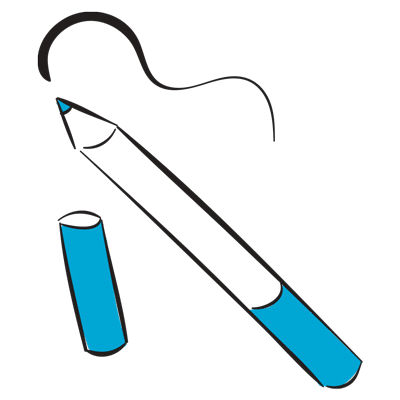 A minimalist drawing of a pencil in blue and black. The pencil is shown with a wavy line coming from it, indicating writing or drawing. The pencil cap, also blue, is off and placed near the pencil.