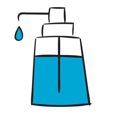 A simple, hand-drawn illustration of a liquid soap dispenser. The dispenser is filled with blue liquid soap and has a pump top. A single droplet of soap is depicted coming out of the spout.