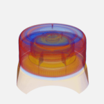 3D simulation of a circular object in vibrant colors, primarily red, orange, and blue, rotating on a white background. The object resembles a mechanical component, showcasing detailed internal structures and layers as it spins.