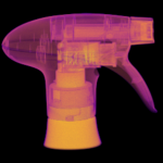 A digital image of a spray bottle's trigger mechanism depicted in thermal imaging colors. The inner mechanics and components are visible with warm hues of purple, pink, and yellow, highlighting the various parts and details on a black background.