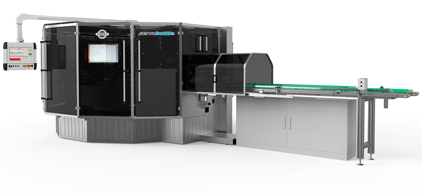 A modern industrial machine with a dark, curved outer shell and transparent panels stands connected to a conveyor belt system. Control panels with buttons and a small screen are mounted on its side. The machine appears to be used for automation in a production line.