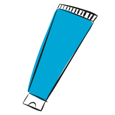 A simple, hand-drawn illustration of a blue, upright, rectangular tube, resembling a tube of toothpaste or cream. The cap is positioned at the bottom and the top is crimped. The drawing is outlined in black.