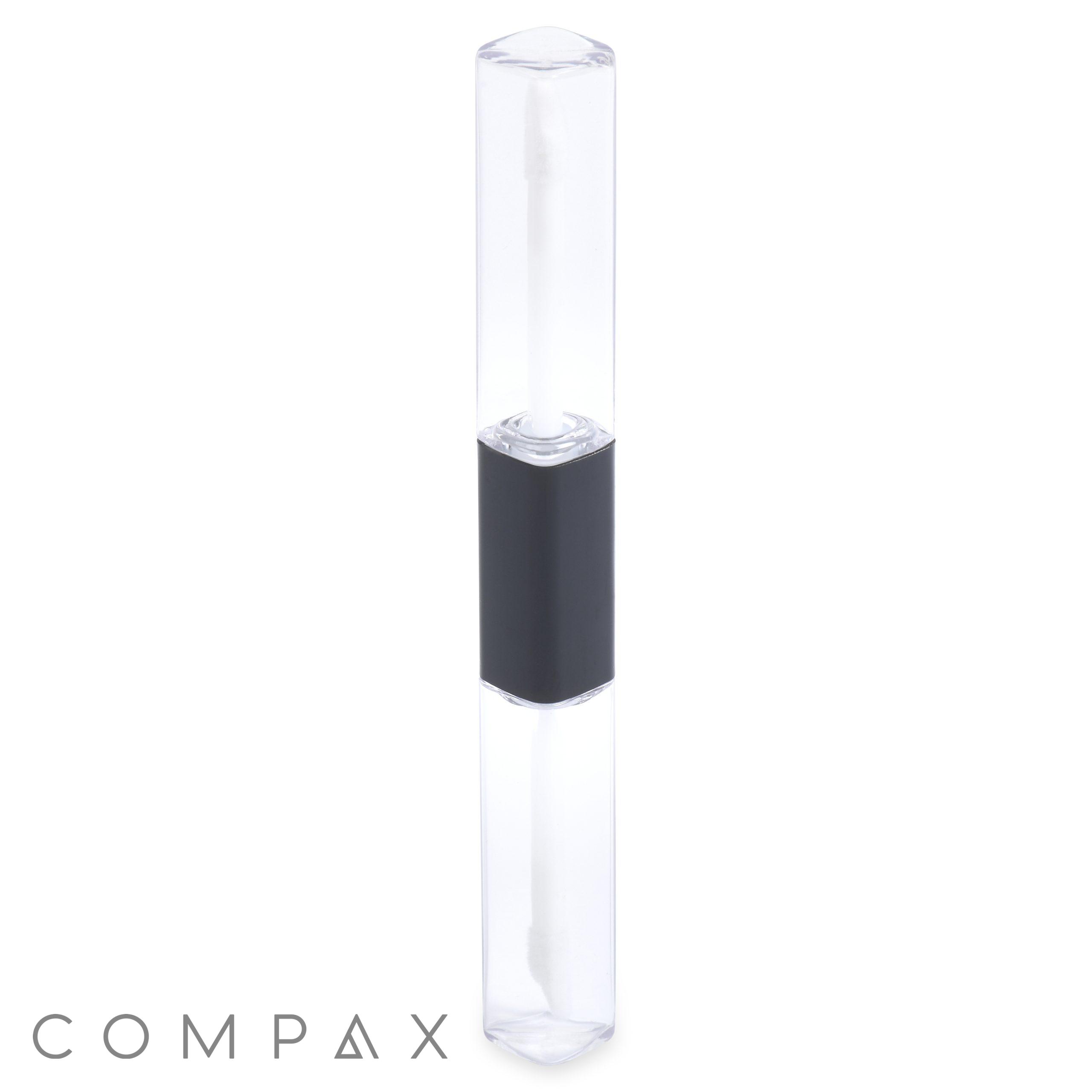 The Square Dual Lip + Eye Bottle is a clear, double-ended plastic cosmetic container with a black center band. One end features a brush applicator while the other end has a sponge tip. The brand name "COMPAX" is positioned in the bottom left corner.